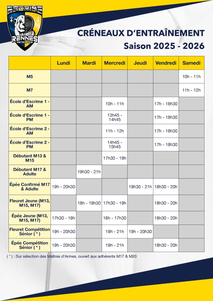 Planning des entrainements Saison 25-26